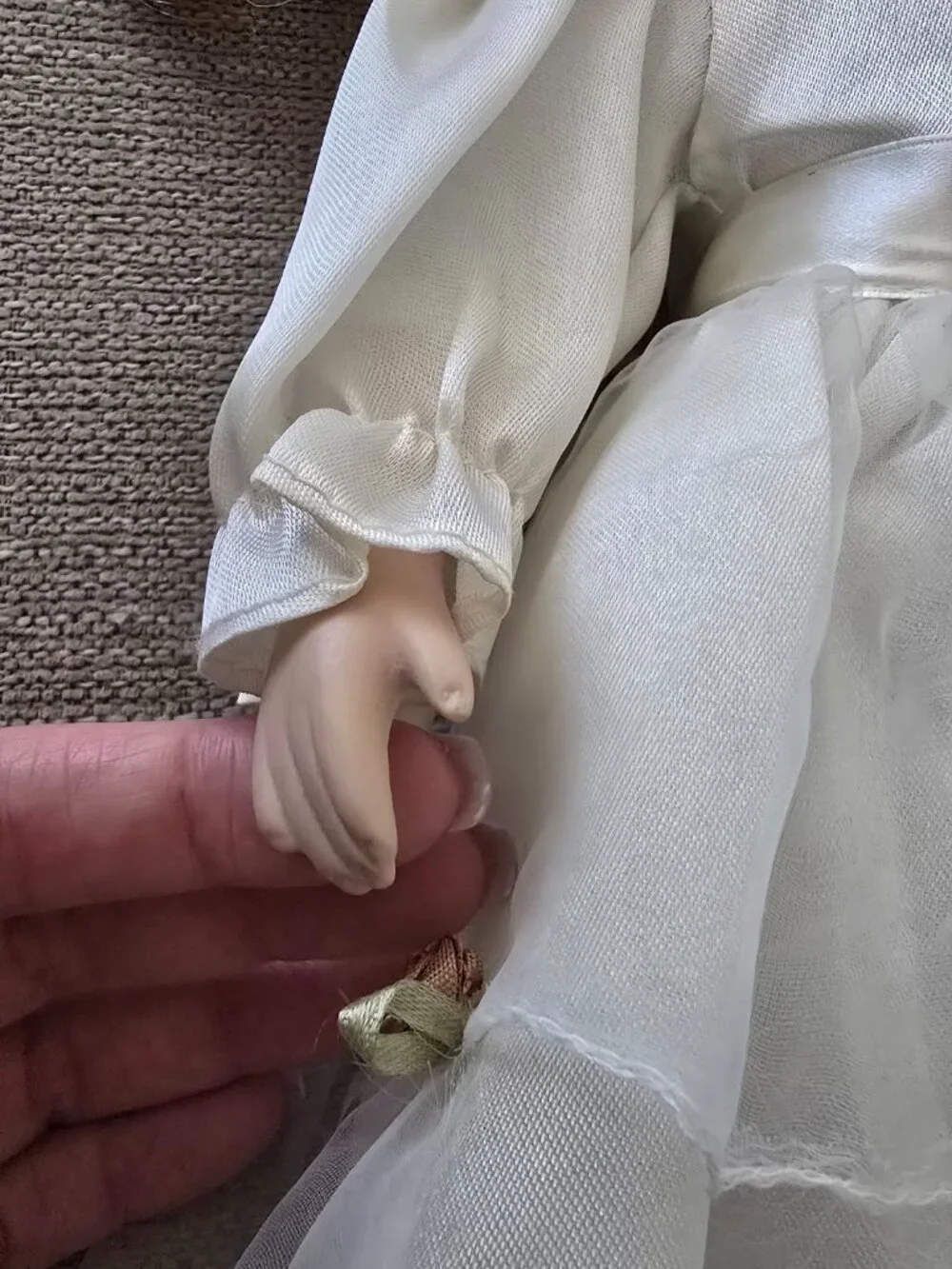 Porcelain Doll with White Dress and purse EUC